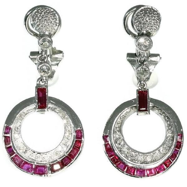 Estate ruby diamond dangle clip earrings platinum